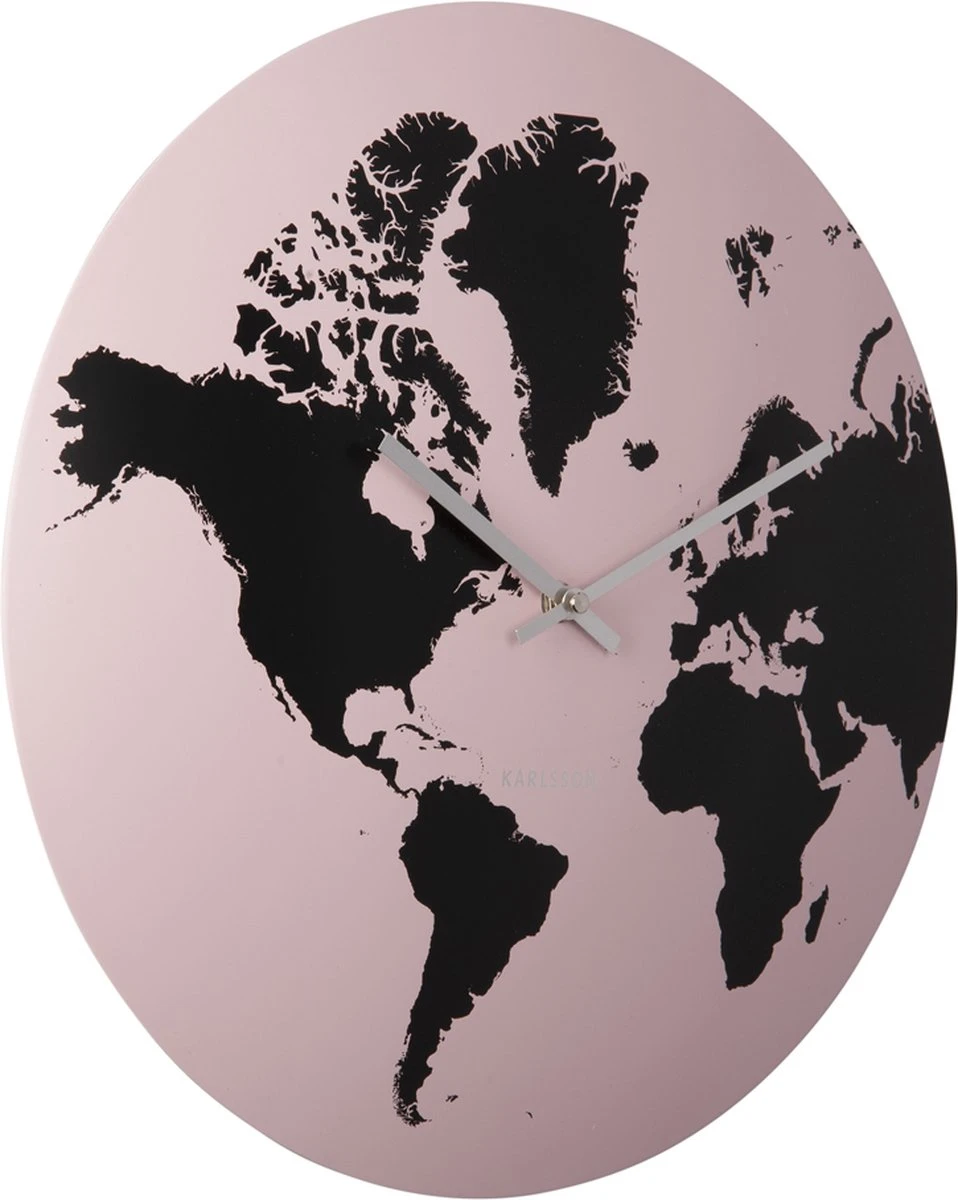 Karlsson Wall Clock World Map Metal Light Pink